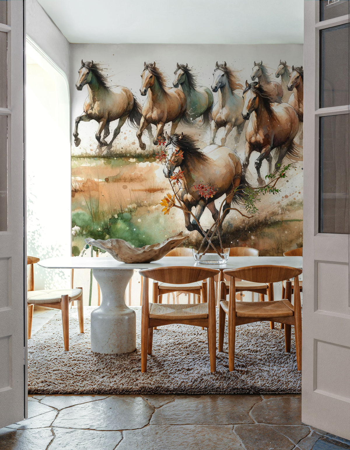Horses Galloping Field Watercolor Mural Wallpaper - room preview 03