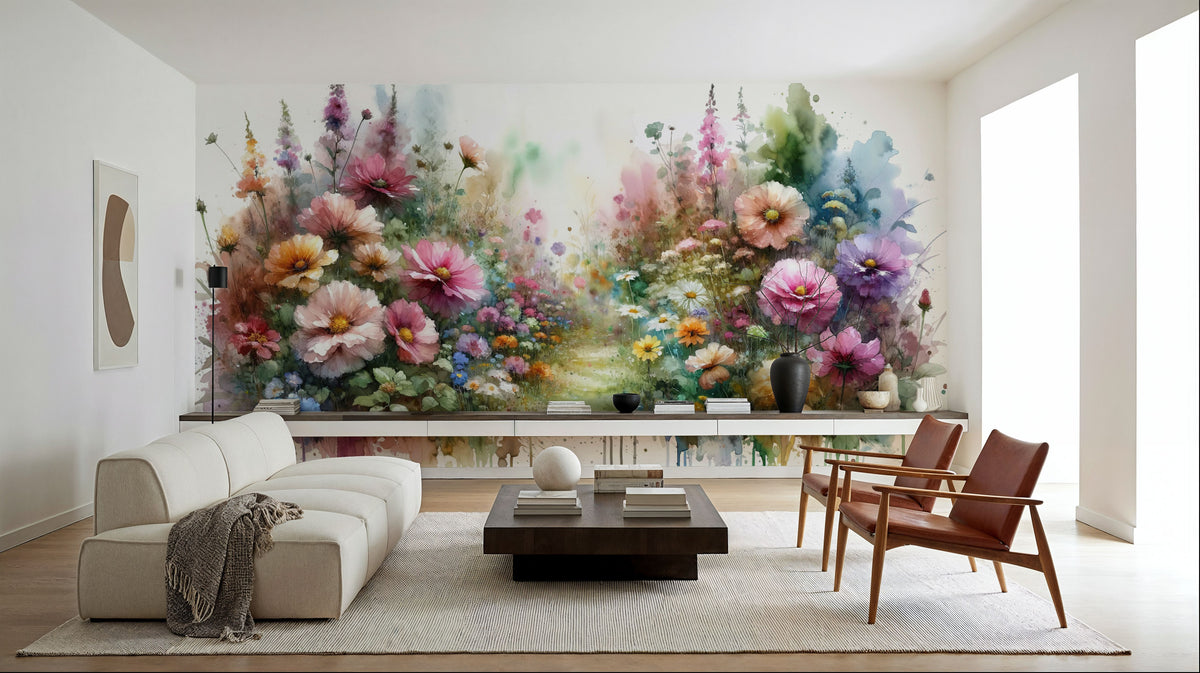 Flower Garden Watercolor Mural Wallpaper - room preview 03
