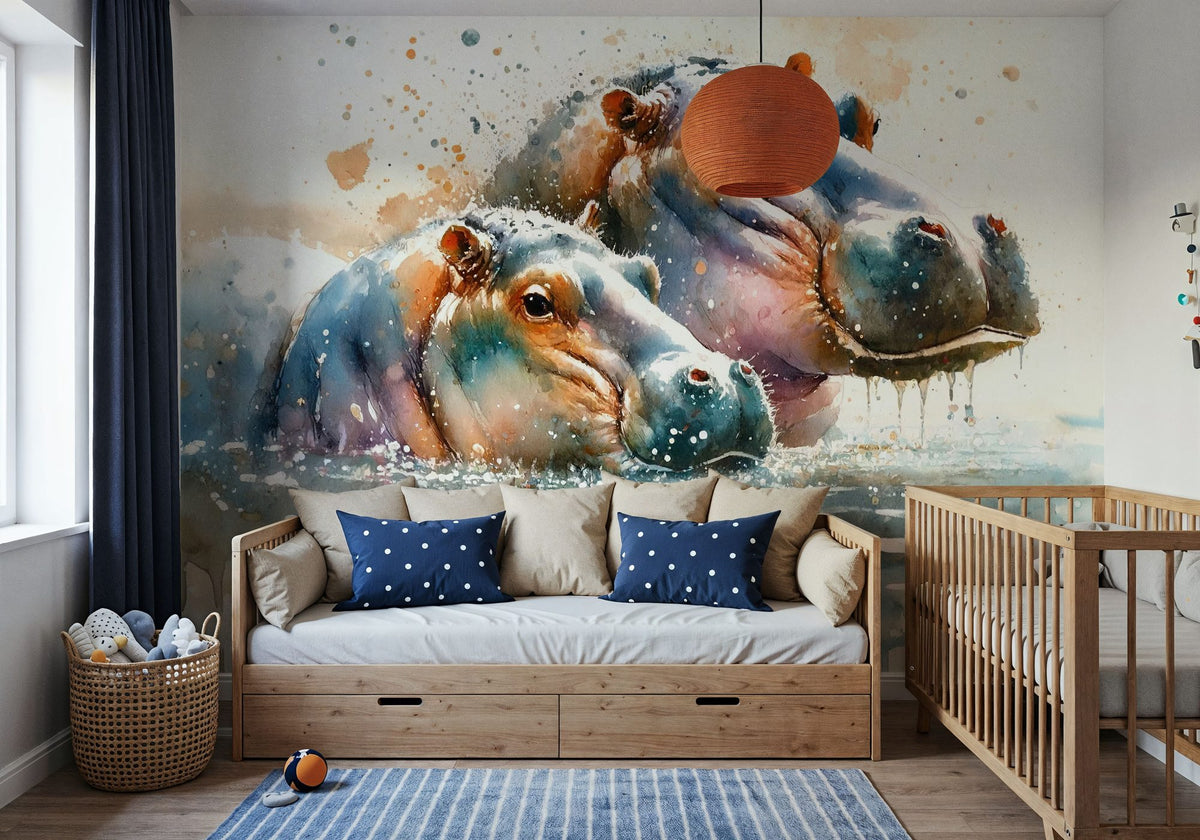 Whispers of the River Hippopotamus Mural Wallpaper - room preview 03