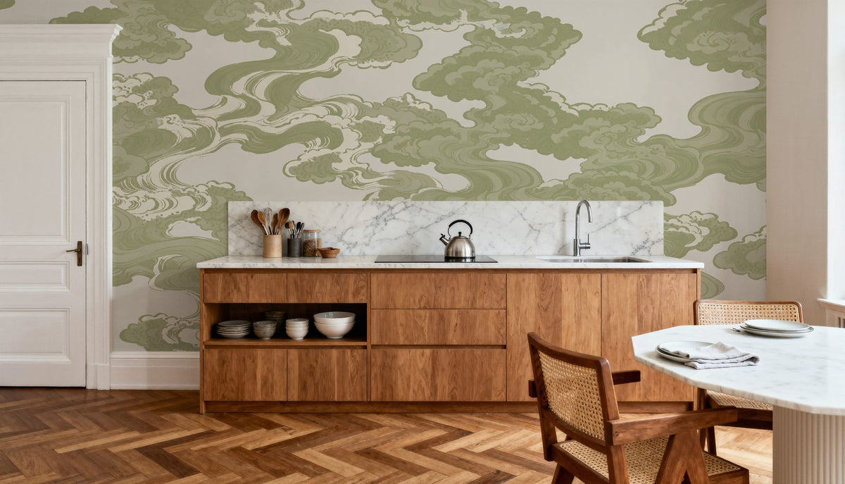 Ukiyo-e Clouds, Pistachio Mural Wallpaper - room preview 03