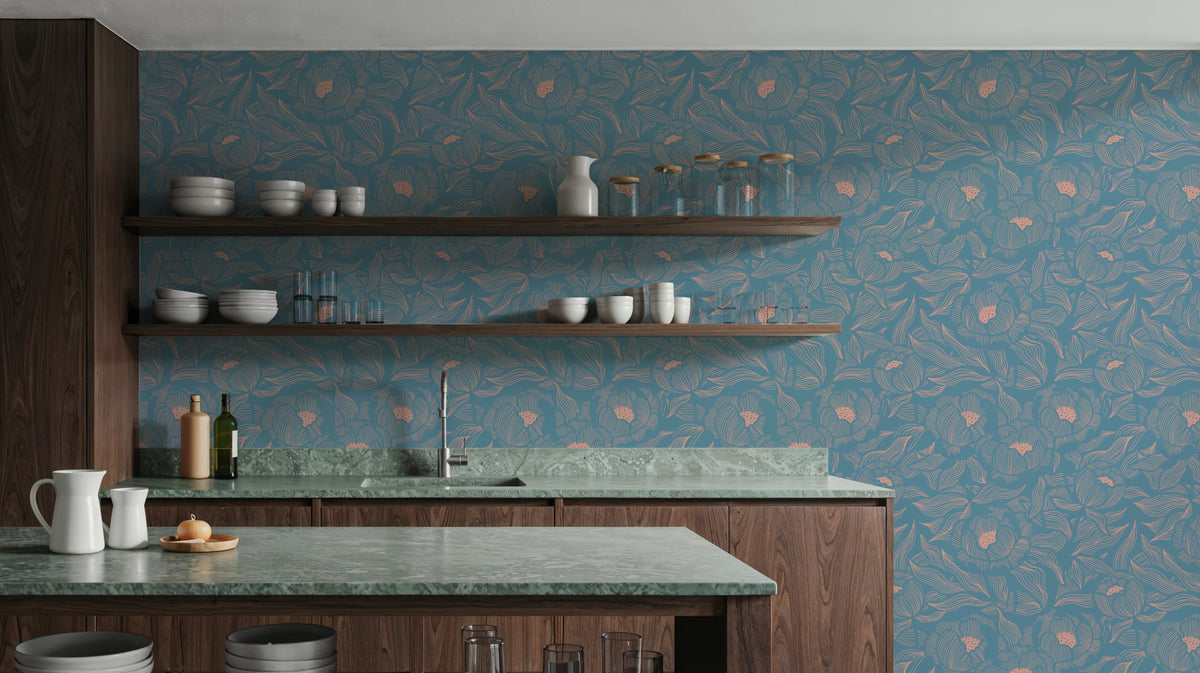 Hidden Peonies, Dusty Peach on Teal Mural Wallpaper - room preview 03