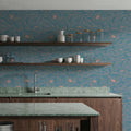 Hidden Peonies, Dusty Peach on Teal Mural Wallpaper - room preview 03