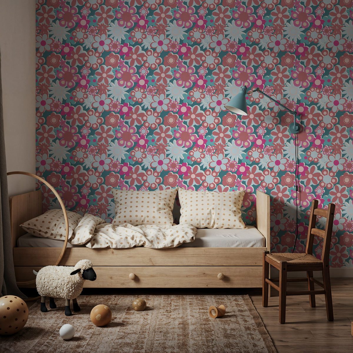 Flower Power, Turqoise Mural Wallpaper - room preview 03