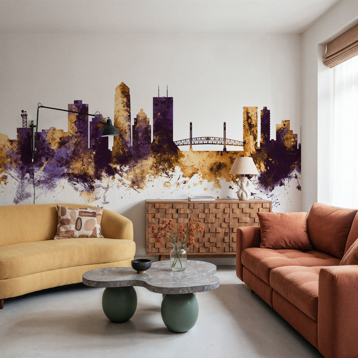Jacksonville Florida Skyline Purple & Gold Mural Wallpaper - room preview 03
