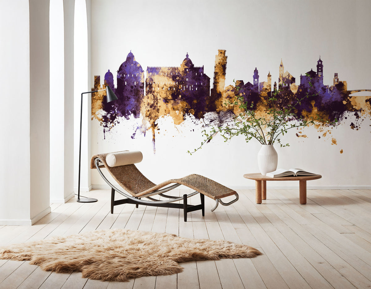 Pisa Italy Skyline Purple & Gold Mural Wallpaper - room preview 03