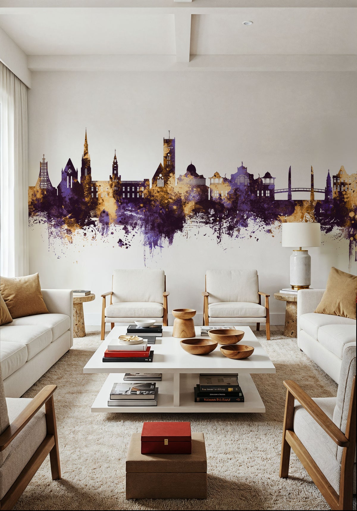 Torquay England Skyline Purple & Gold Mural Wallpaper - room preview 03