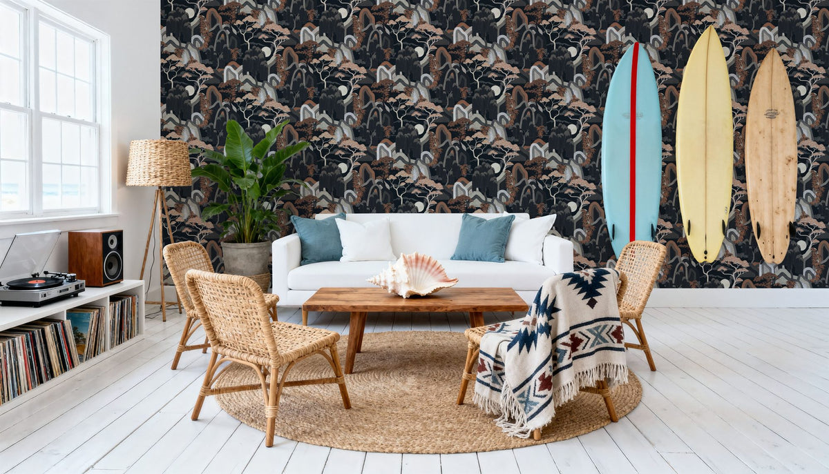 Whispers of the Mountain Pattern, Midnight Mural Wallpaper - room preview 03