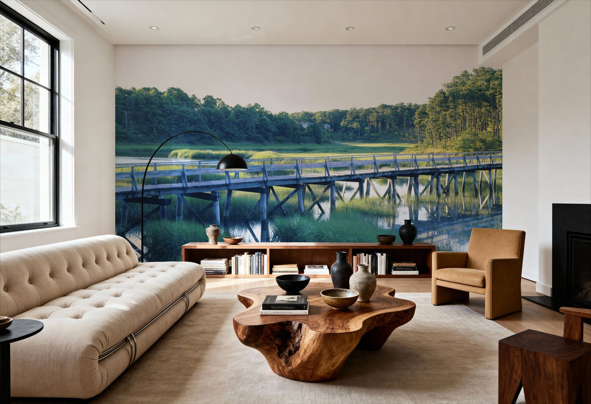 Woodland Bridge Reflection Mural Wallpaper - room preview 03