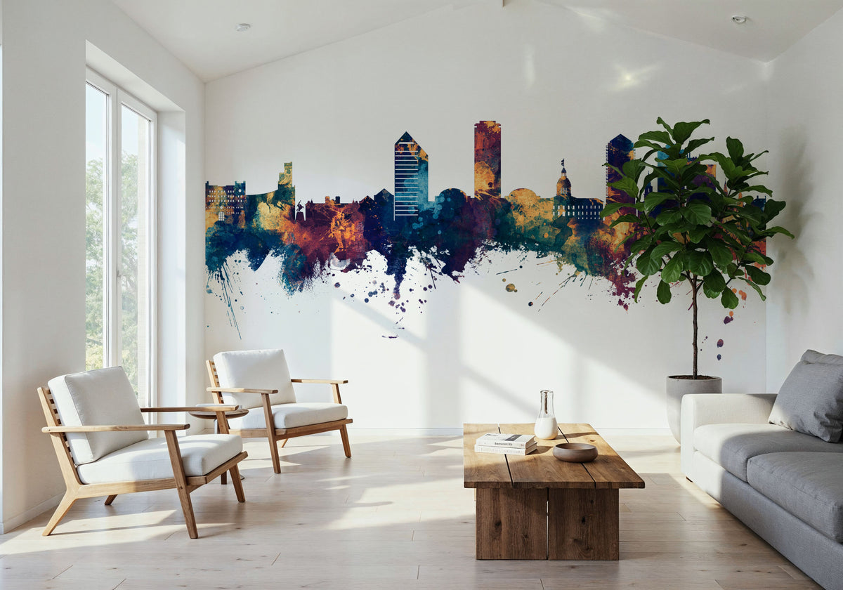 Tallahassee Florida Skyline Blue & Bronze Mural Wallpaper - room preview 03