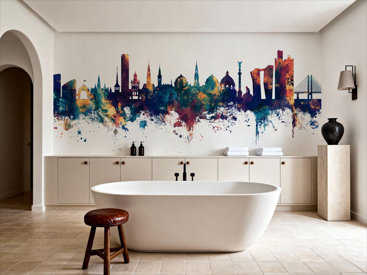 Copenhagen Skyline Blue & Bronze Mural Wallpaper - room preview 03
