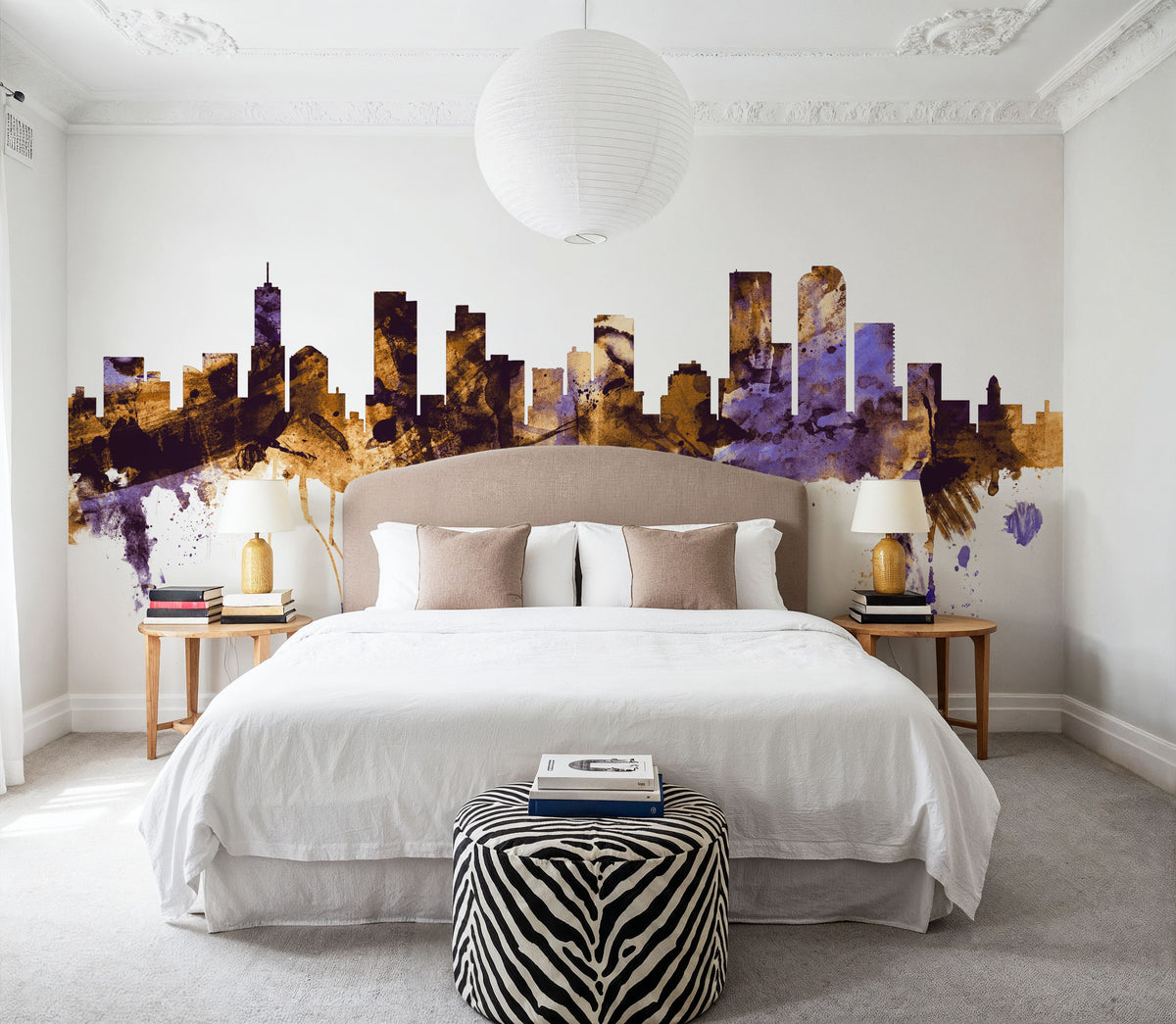 Denver Skyline Purple & Gold Mural Wallpaper - room preview 03
