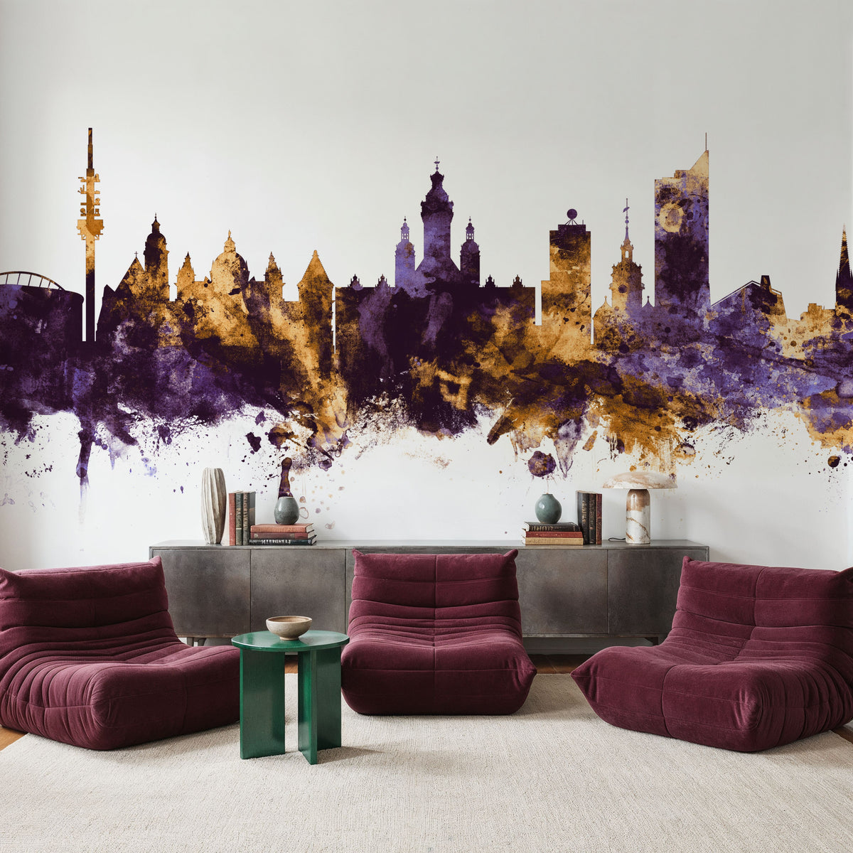 Leipzig Germany Skyline Purple & Gold Mural Wallpaper - room preview 03