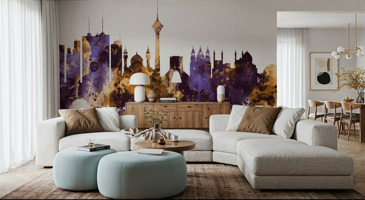 Tehran Iran Skyline Purple & Gold Mural Wallpaper - room preview 03