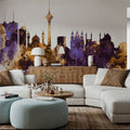Tehran Iran Skyline Purple & Gold Mural Wallpaper - room preview 03