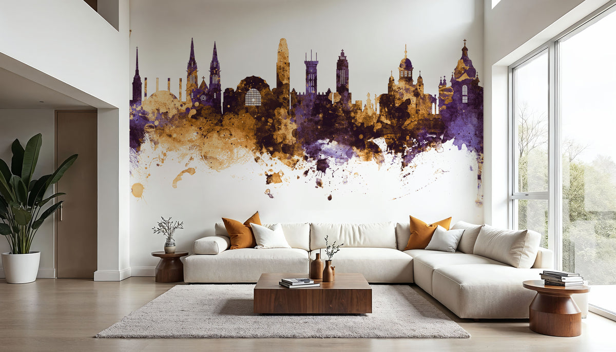Helsinki Skyline Purple & Gold Mural Wallpaper - room preview 03