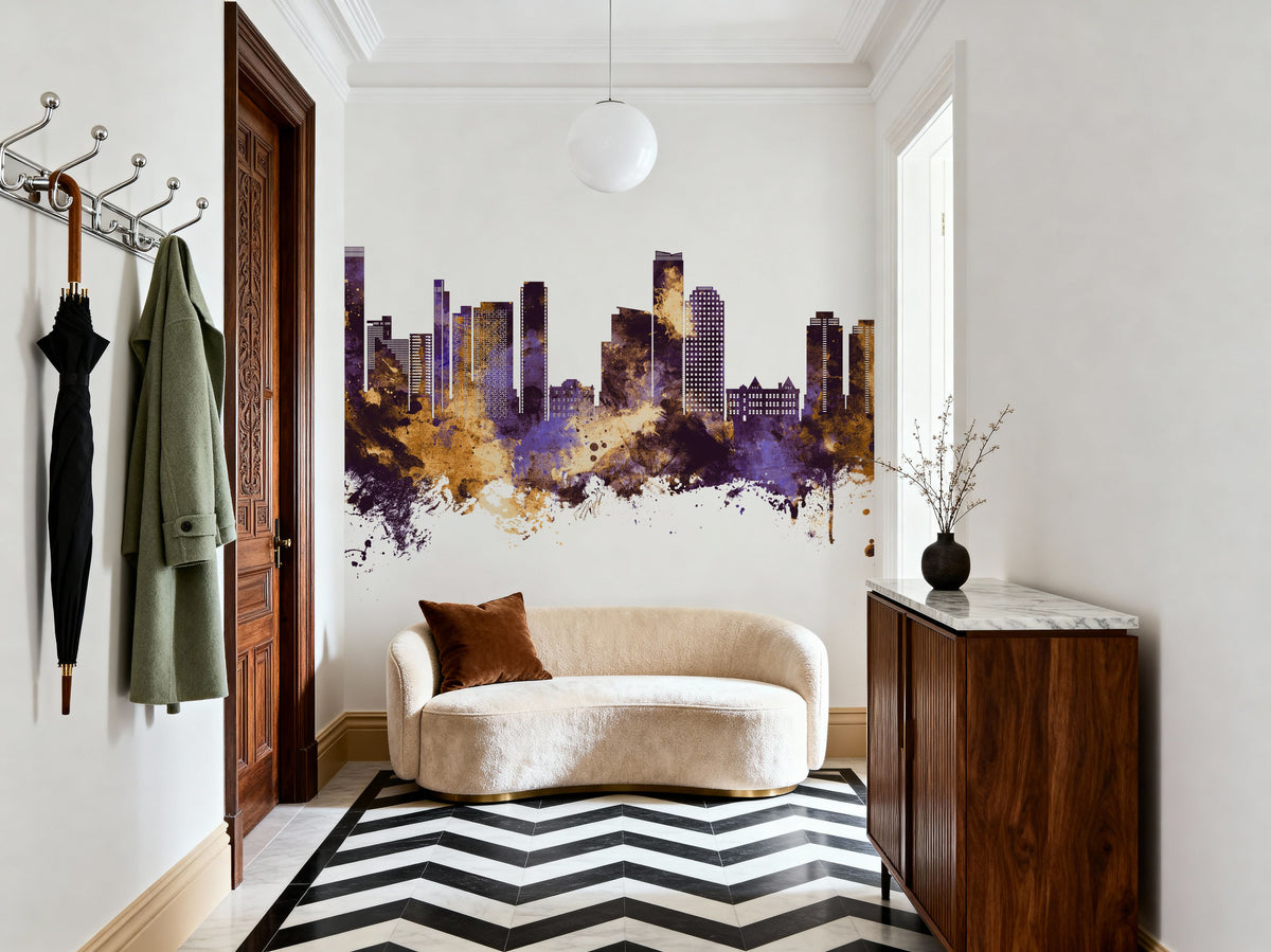 Queens New York Skyline Purple & Gold Mural Wallpaper - room preview 03