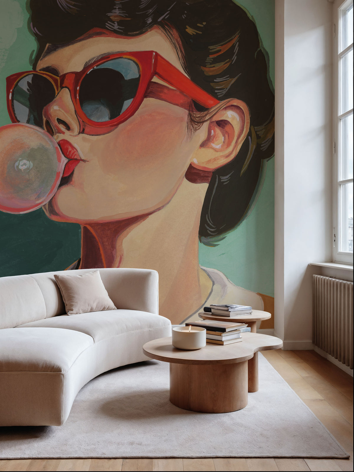 Retro Bubblegum Girl Teal Mural Wallpaper - room preview 03