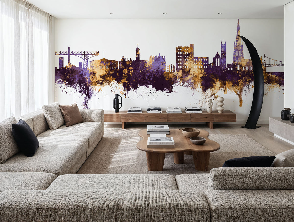 Warrington England Skyline Purple & Gold Mural Wallpaper - room preview 03