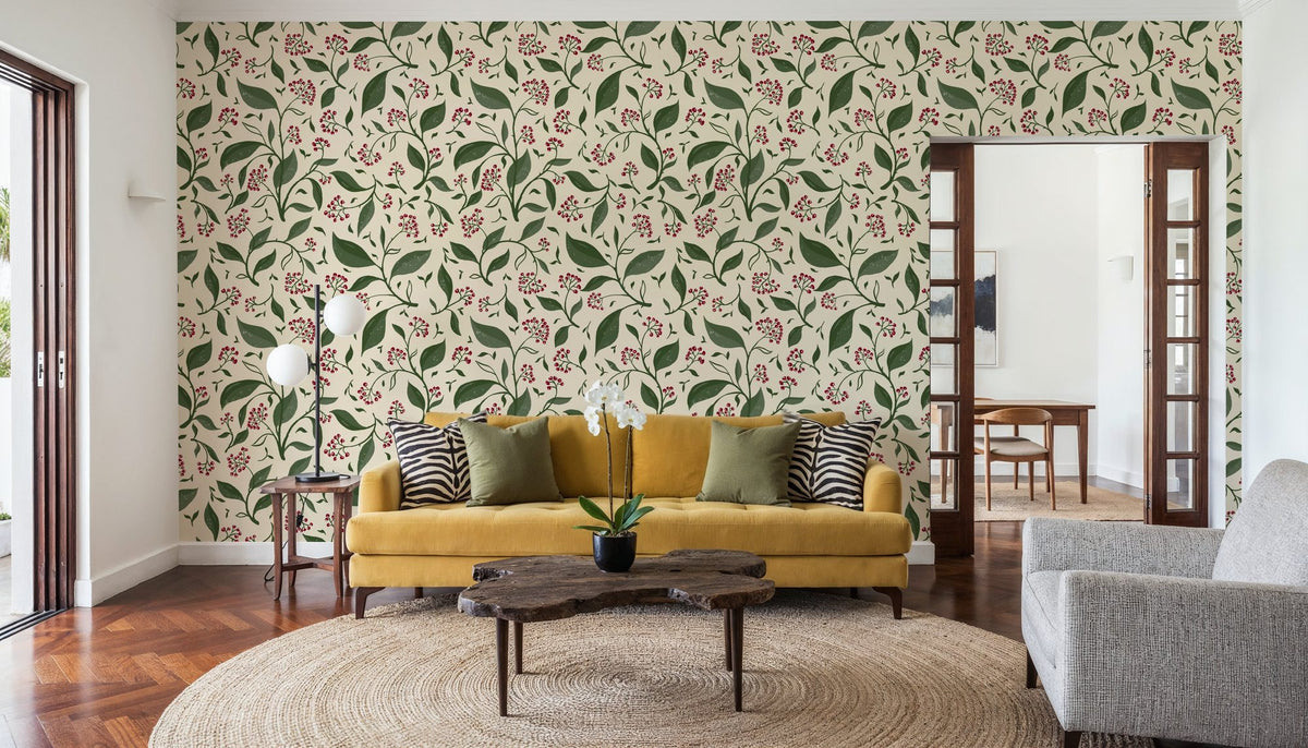 Winter Berries, Cream Mural Wallpaper - room preview 03