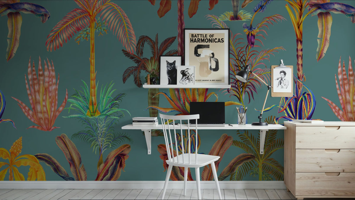 Statement Palm, Turquoise Mural Wallpaper - room preview 03