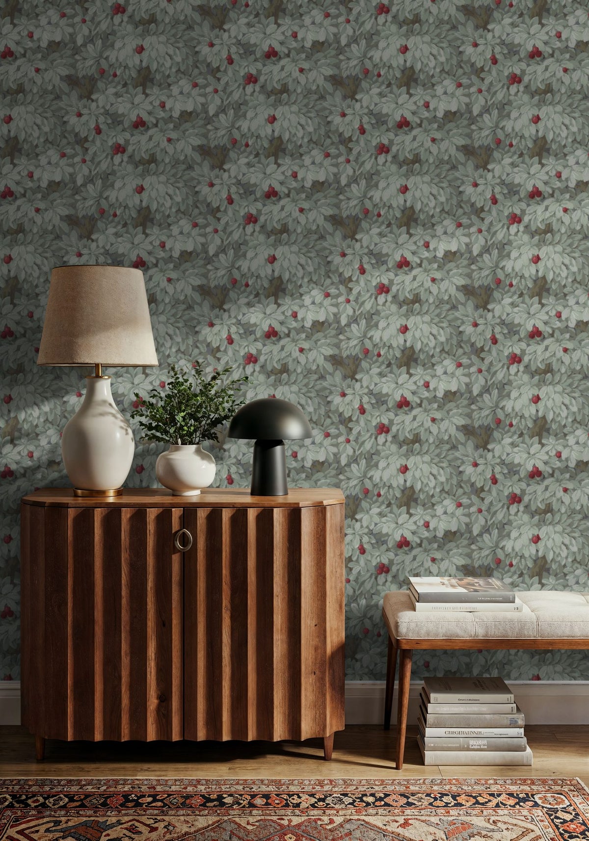 Fruit Tree Bower, Crimson on Green Mural Wallpaper - room preview 03