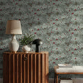 Fruit Tree Bower, Crimson on Green Mural Wallpaper - room preview 03