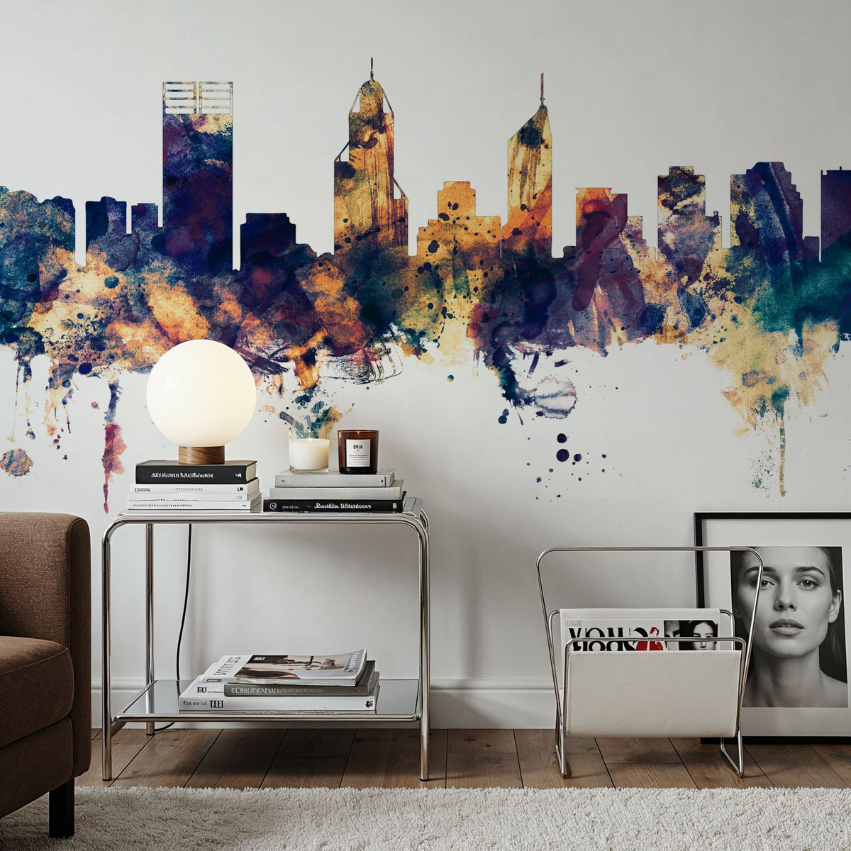 Perth Australia Skyline Blue & Bronze Mural Wallpaper - room preview 03