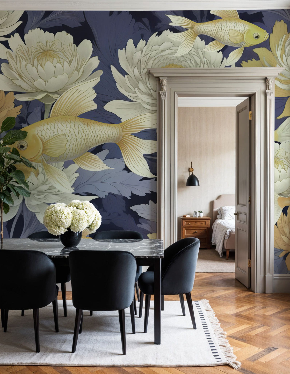 Dancing Fish, Yellow on Purple Mural Wallpaper - room preview 03