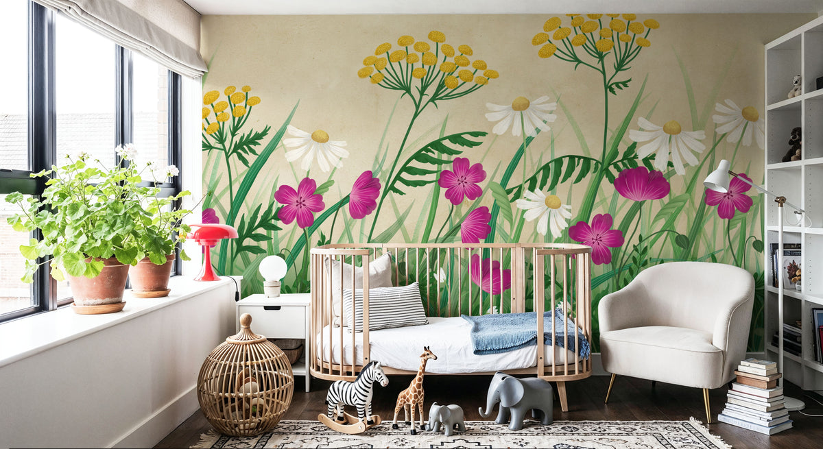 Geranium Meadow, Beige Mural Wallpaper - room preview 03
