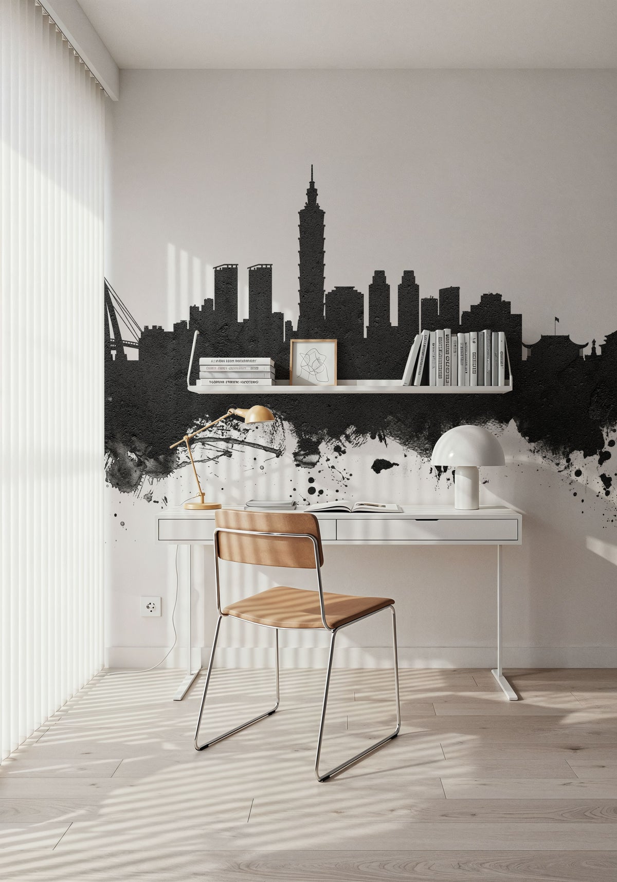 Taipei Taiwan Skyline Black & White Mural Wallpaper - room preview 03