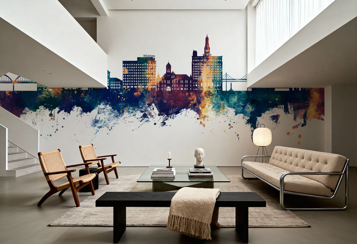 Davenport Iowa Skyline Blue & Bronze Mural Wallpaper - room preview 03