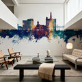 Davenport Iowa Skyline Blue & Bronze Mural Wallpaper - room preview 03