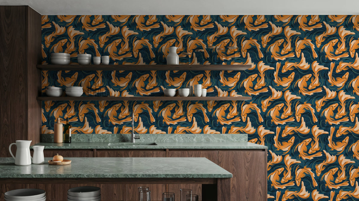 Koi Fish, Ocean Blue Mural Wallpaper - room preview 03