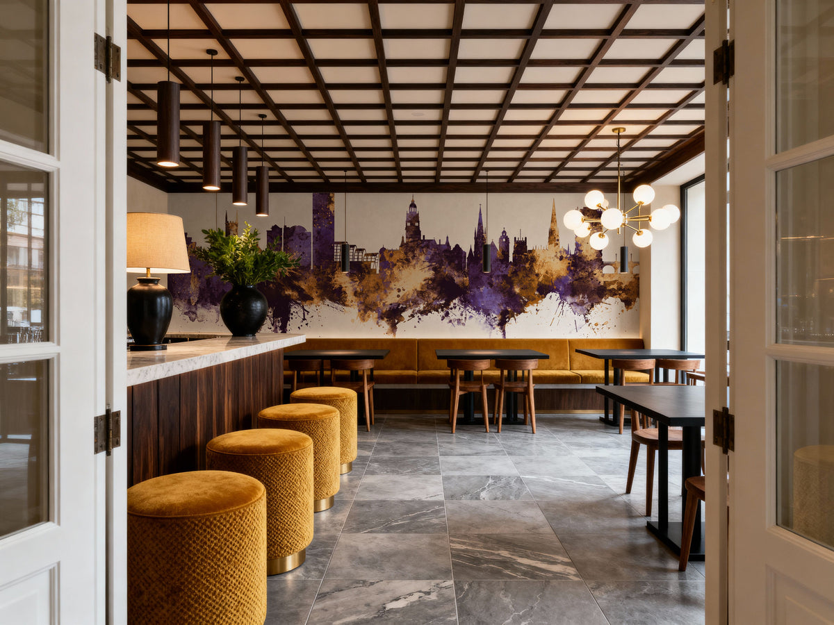 Sheffield England Skyline Purple & Gold Mural Wallpaper - room preview 03