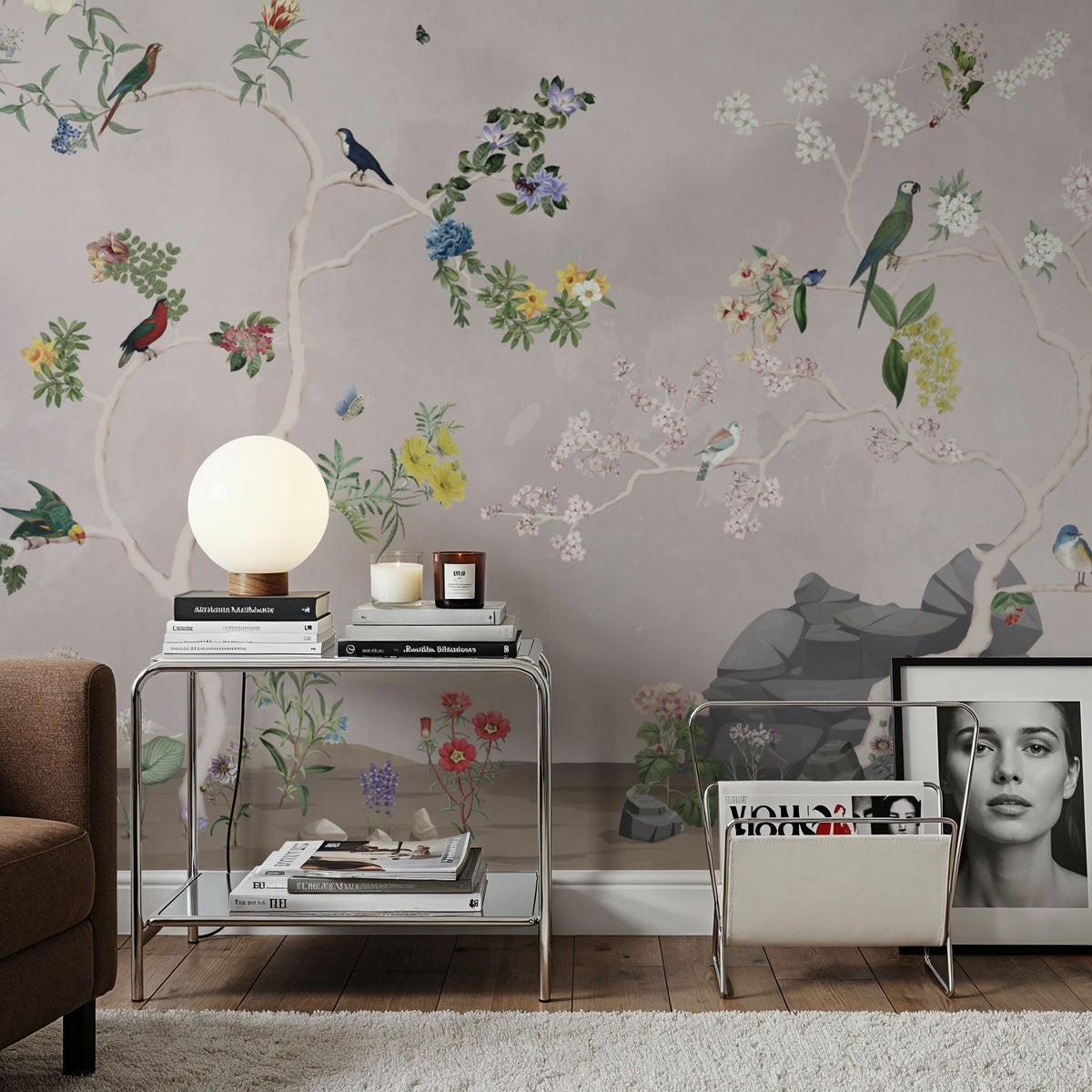 Birds in the Garden Gray Mural Wallpaper - room preview 03