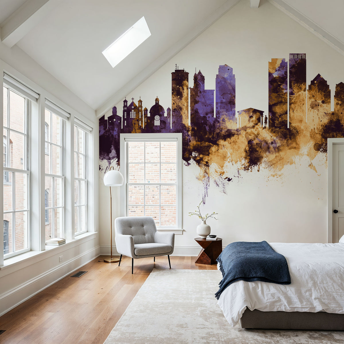 Dayton Ohio Skyline Purple & Gold Mural Wallpaper - room preview 03