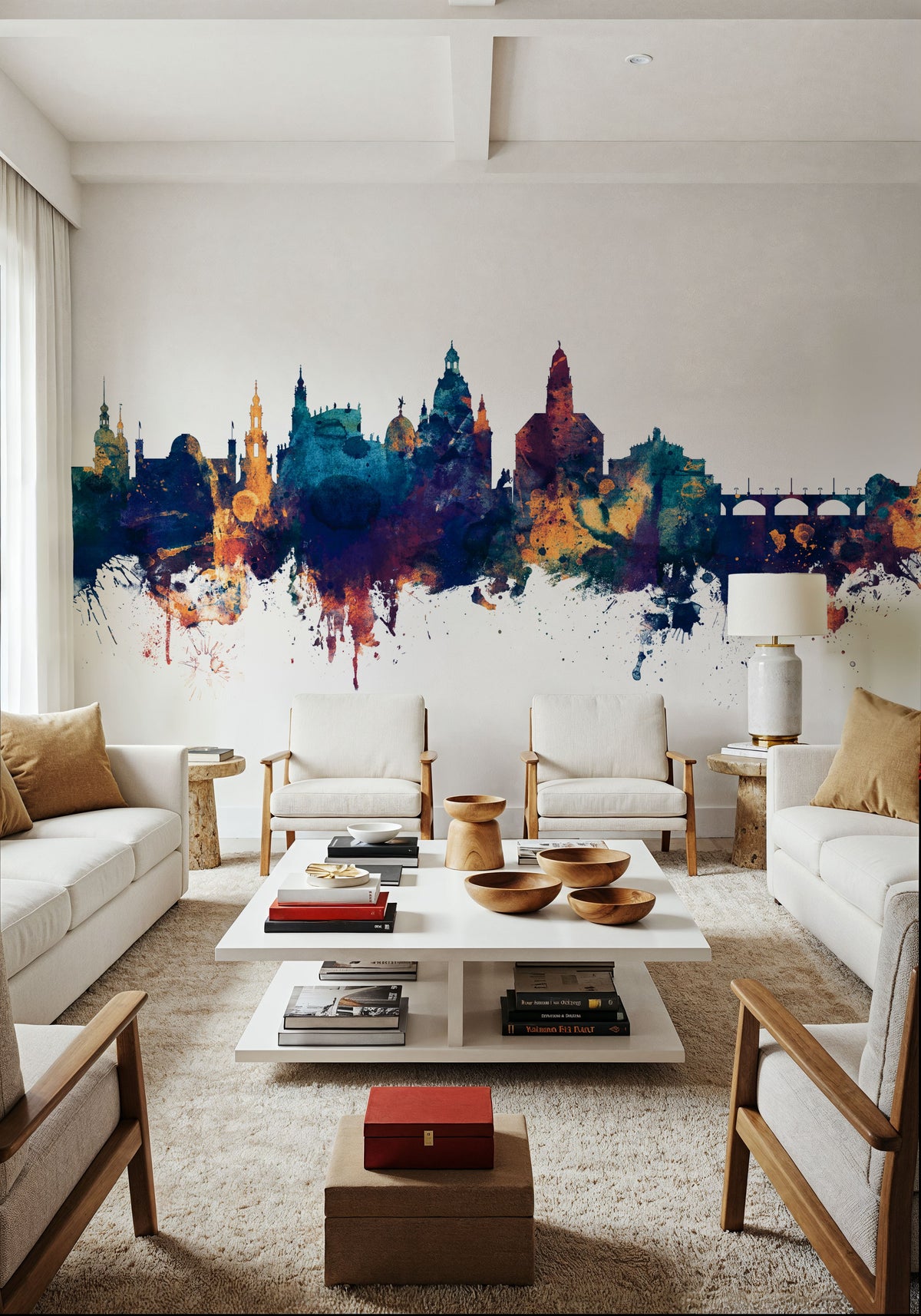 Dresden Germany Skyline Blue & Bronze Mural Wallpaper - room preview 03