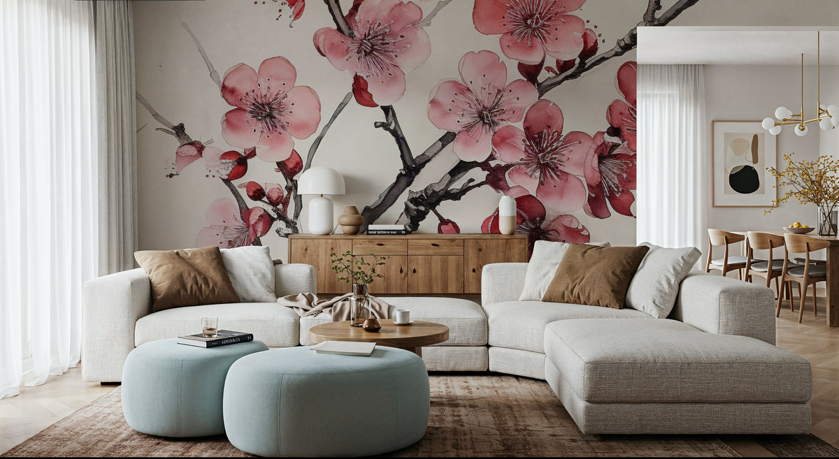 Ink Cherry Blossoms Branches Mural Wallpaper - room preview 03