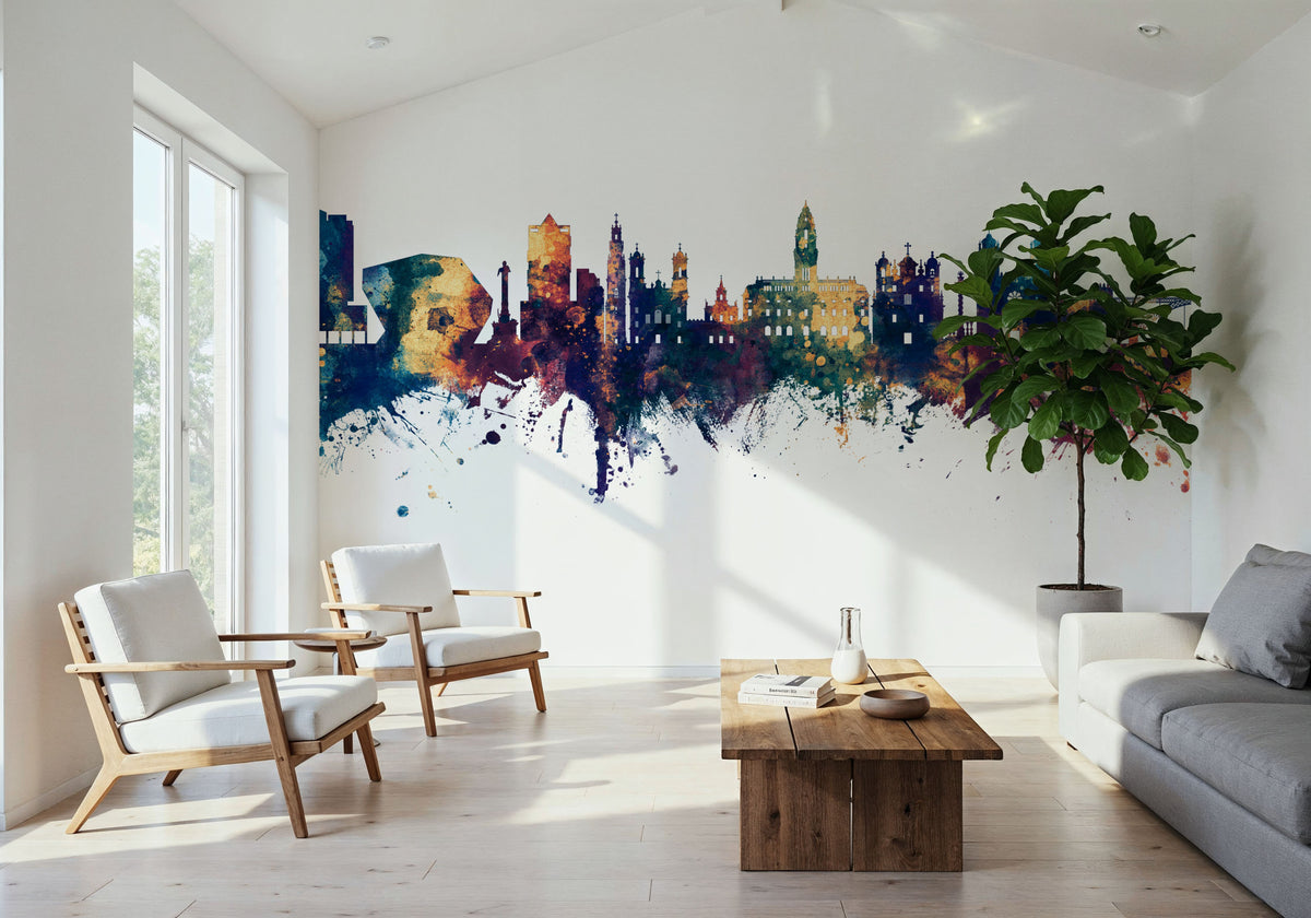 Porto Portugal Skyline Blue & Bronze Mural Wallpaper - room preview 03
