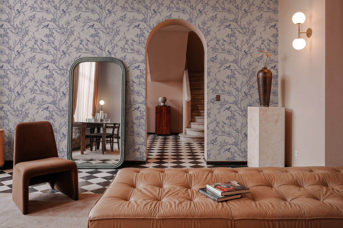 Trailing Tree of Life, Blue on White Mural Wallpaper - room preview 03