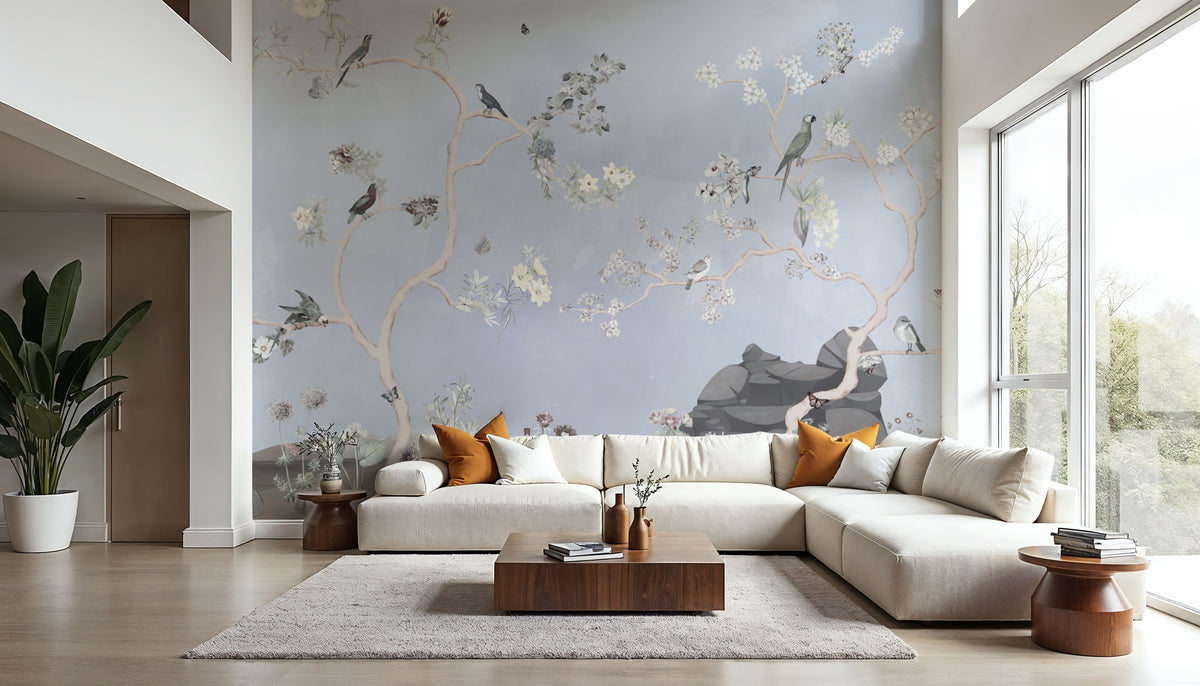 Birds in the Garden Deep Blue Mural Wallpaper - room preview 03