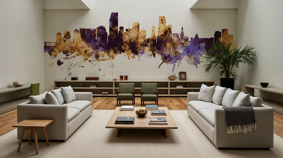 Miami Florida Skyline Purple & Gold Mural Wallpaper - room preview 03