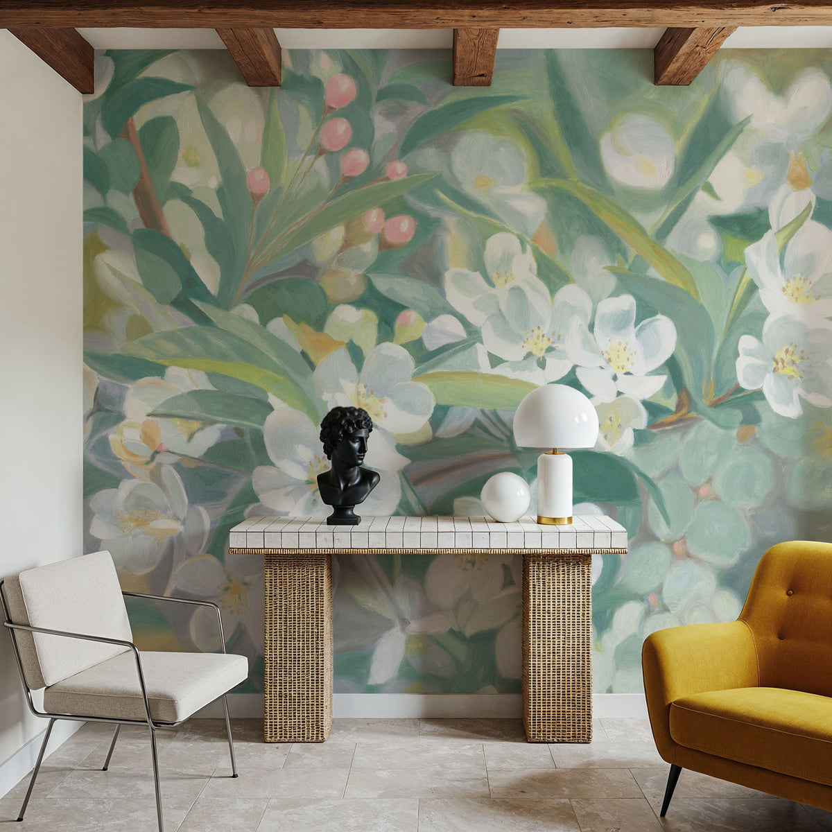White Blossoms in Focus Mural Wallpaper - room preview 03