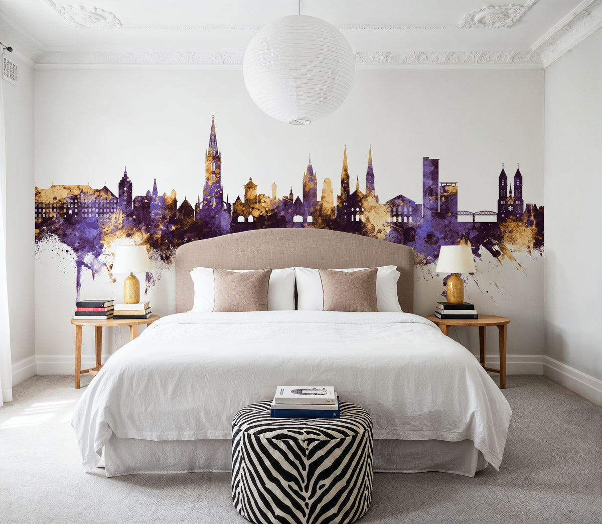 Freiburg Germnay Skyline Purple & Gold Mural Wallpaper - room preview 03