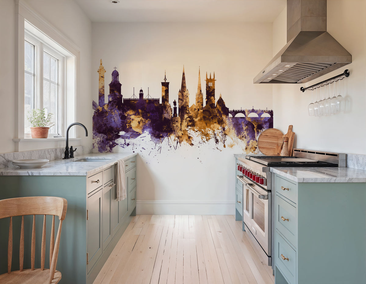 Shrewsbury England Skyline Purple & Gold Mural Wallpaper - room preview 03