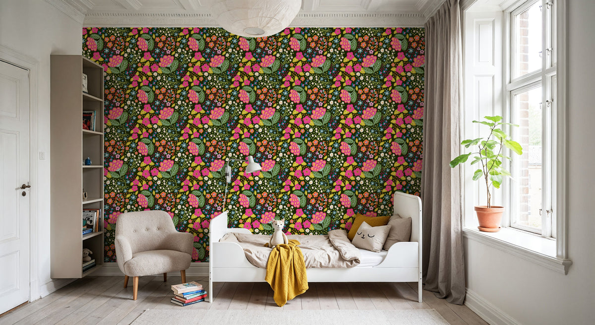 Happy Flowers, Pine Green Mural Wallpaper - room preview 03