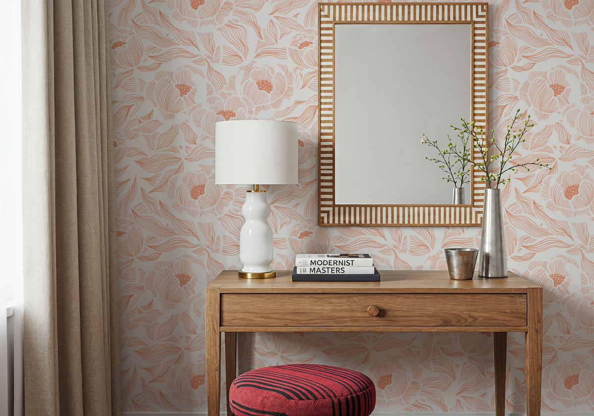 Hidden Peonies, Orange on White Mural Wallpaper - room preview 03
