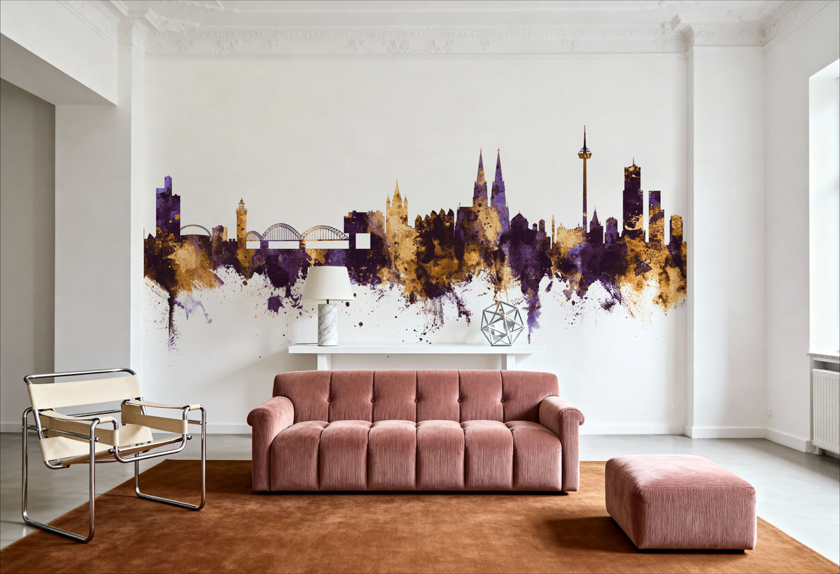 Cologne Germany Skyline Purple & Gold Mural Wallpaper - room preview 03