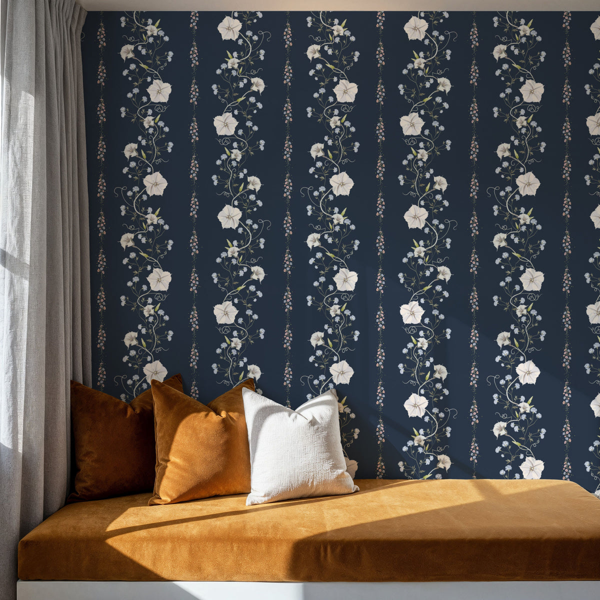 Trailing Flower Stripe, Navy Mural Wallpaper - room preview 03