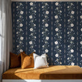 Trailing Flower Stripe, Navy Mural Wallpaper - room preview 03